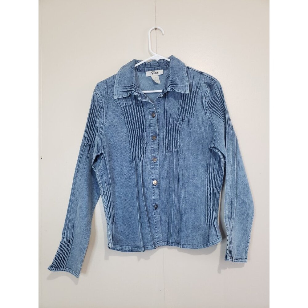 Y2K Vtg Flair Women M Denim Shirt Button Up Pleated Blue Chambray Artsy Stretch